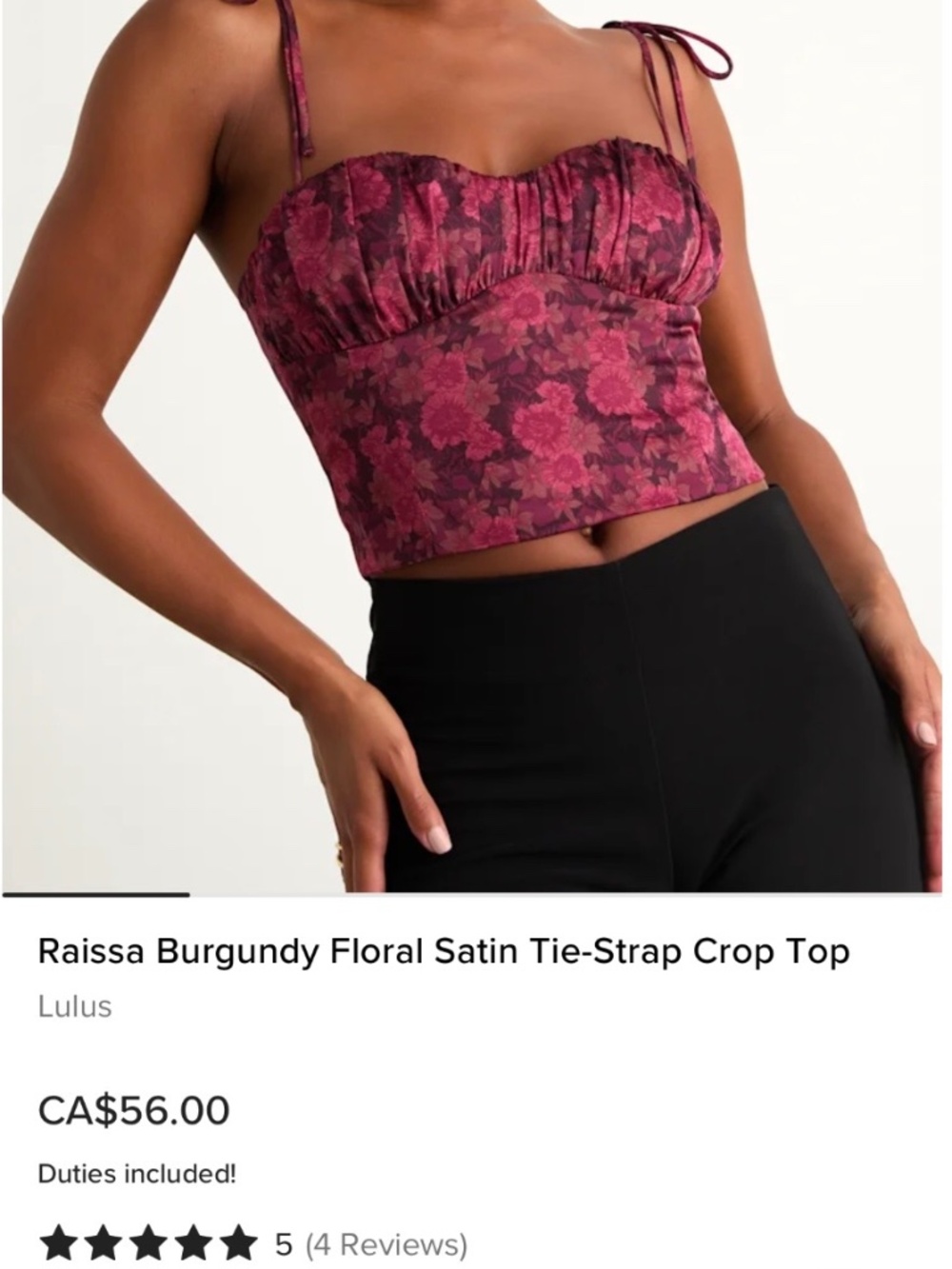 Lulu's Raissa Burgundy Floral Satin Tie-Strap Crop Top, size M